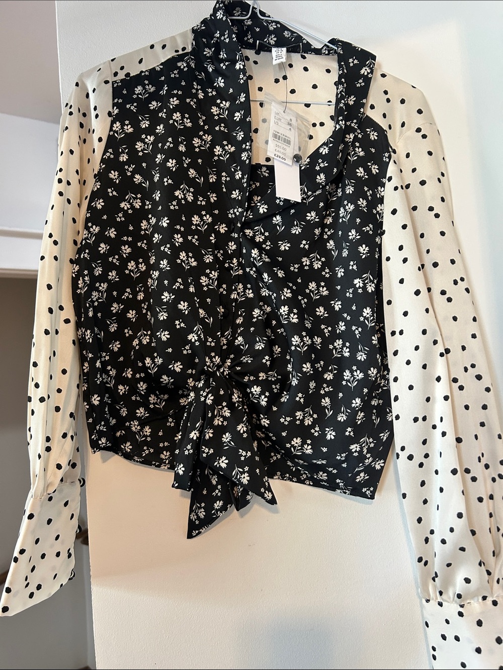 Topshop Black & White Floral Dot Tie-Front Blouse